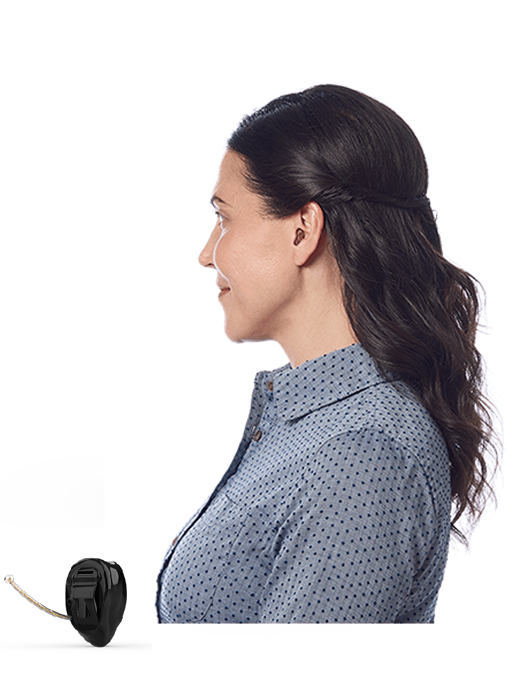 Completely-In-Canal (CIC)  Only the tiny removal handle of the hearing aid shows outside of the ear canal.